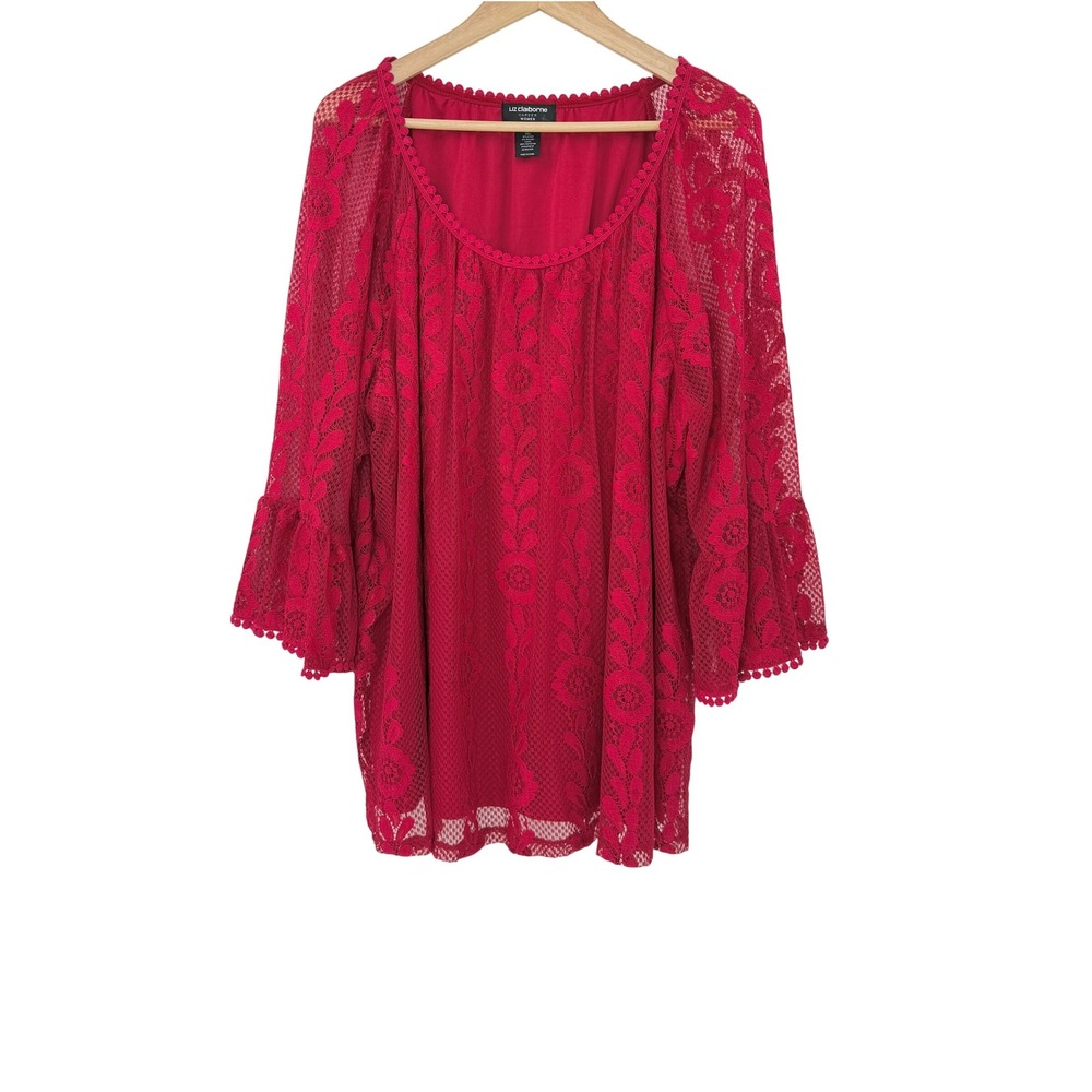 Liz Claiborne Plus‎ Size Red Lace Top Bell Sleeve Blouse Career Sz 2x